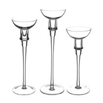 Jogo 3 peças castiçal porta vela home&co eco crystal transparente decorativo