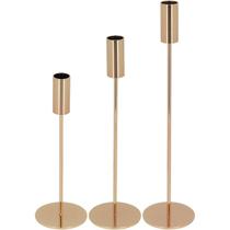Jogo 3 peças castiçal porta vela metal dourado decorativo enfeite
