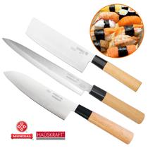 Jogo 3 Peças Facas Japonesas Aço Inox 7 e 8 pol Cutelo Santoku Yanagui Multiuso Para Sushi Sashimi Peixe Carne Legumes - Mundial