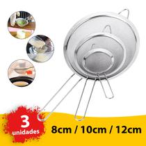 Jogo 3 Peneiras Aço Inox Kit Conjunto Luxo P M G Utensílios De Cozinha 8cm, 10cm e 12cm