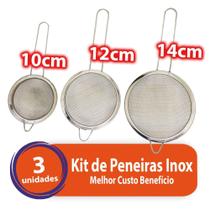 Jogo 3 Peneiras Aço Inox Luxo P M G Utensílios De Cozinha 10cm, 12cm e 14cm - Total Shop Mix