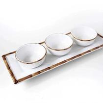 Jogo 3 Petisqueiras Cerâmica com Bandeja Bambu Scalla