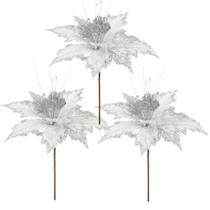 Jogo 3 Pick Natalino Flor Bico de Papagaio Prata Borda Glitter Luxo 25cm x 16cm