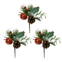 Jogo 3 Pick Natalino Folhagem Pinha e Fruta Decorado Glitter Dourado 17cm