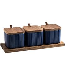 Jogo 3 Porta Condimento em Cerâmica Com Tampa De Bambu Jogo 3 Porta Condimento em Cerâmica Com Tampa De Bambu