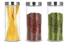 Jogo 3 pote de vidro liso 2100ml tampa em aço inox redondo p mantimento