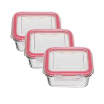 Jogo 3 Pote De Vidro Tampa Hermética Marmita Fit Tampa Silicone Vermelho 520ml