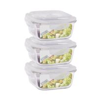 Jogo 3 Pote Vidro 520ML Forno Microondas Quadrado Hermetico