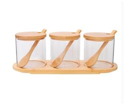 Jogo 3 Potes com Colheres e Suporte Bambu Jogo 3 Potes com Colheres e Suporte Bambu