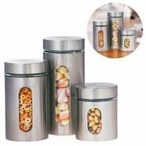 Jogo 3 Potes Cozinha Armazenar Mantimentos Alimentos Inox