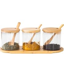 Jogo 3 Potes De Vidro Boro Colher Tampa Suporte Bambu 300ml