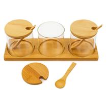 Jogo 3 Potes De Vidro Boro Colher Tampa Suporte Bambu 300ml