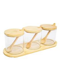 Jogo 3 Potes de Vidro Condimentos 270ml Tampa Bambu
