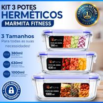 Jogo 3 Potes De Vidro Hermético 380/630/1000ML Armazenamento Comida