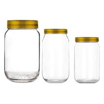 Jogo 3 Potes de Vidro Itália Para Conserva Geleia Salada Decoração Tampa Dourada 3 Peças 1000ml, 730ml e 370ml Útil Baza