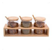 Jogo 3 Potes De Vidro Porta Tempero Tampa Bambu 300ml