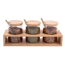 Jogo 3 Potes De Vidro Porta Tempero Tampa Bambu 300ml Com 3 Colheres Mantimentos Decoração Condimentos