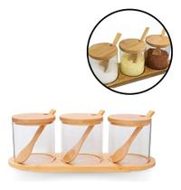 Jogo 3 Potes Em Vidro Boro Com Colher, Tampa E Suporte Bambu