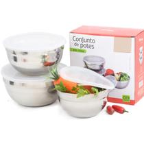 Jogo 3 Potes Herméticos Aço Inox Bowls, Tigelas e Porta Mantimentos Redondos Multiuso