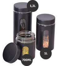 Jogo 3 Potes Porta Mantimentos Aço Inox E Vidro Hermético Preto