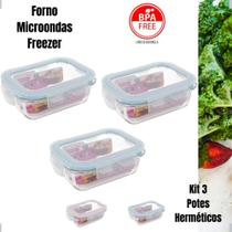 Jogo 3 Potes Tigelas Vidro Retangular Tampa Hermética Guardar Organizar Marmita Comida Freezer Forno