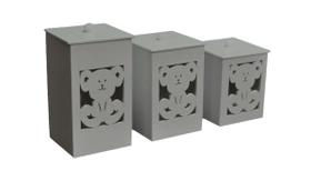 Jogo 3 Potes Ursinho Mdf Madeira Pintado