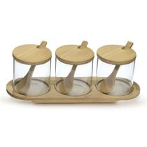 Jogo 3 Potes Vidro Boro Com Tampa Suporte em Bambu MimoStyle