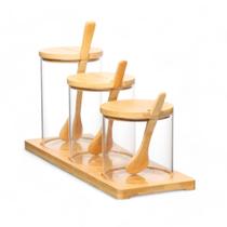 Jogo 3 Potes Vidro P/ Condimentos Colher Tampa Suporte Bambu