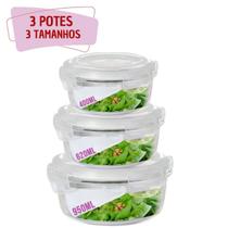 Jogo 3 Tamanhos Pote Vidro Hermético Marmita Kit Redondo - Quality House / Univendas