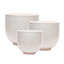 Jogo 3 Vasos Cachepot Cerâmica Branco Mosaico Decor Prime