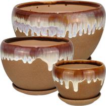 Jogo 3 vasos planta cachepô home&co cerâmica marrom