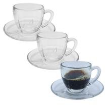 Jogo 3 Xicaras Canecas de Vidro Transparente Café Chá Com Pires E Alça 90ml