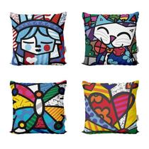 Jogo 4 Almofadas Decoração e Coloridas Romero Britto Para Sofá Sala de Estar 40x40 Novadecora