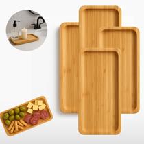 Jogo 4 Bandejas Bambu Retangular Decoração Servir Café 24cm