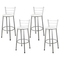 Jogo 4 Banqueta Alta Para Cozinha Prata Assento Branco