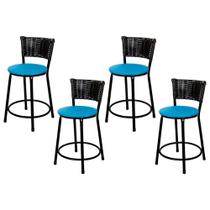Jogo 4 Banqueta Baixa Para Cozinha Hawai Preto Assento Azul Jogo 4 Banqueta Baixa Para Cozinha Hawai Preto Assento Azul