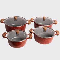 Jogo 4 Caçarolas 18a24cm Mescla Cerâmico Alças Madeira com Tampas de Vidro - Cor: Vermelho com Cinza