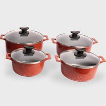 Jogo 4 Caçarolas 18a24cm Mescla Cerâmico Forno e Fogão com Tampas de Vidro - Cor: Vermelho com Cinza