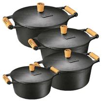 Jogo 4 Caçarolas Alça De Madeira e Tampa Ferro - Panela Mineira