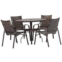 Jogo 4 Cadeiras Alumínio e Mesa Tampo Ripado 100cm para Área Jardim Varanda Piscina Emily Cappuccino