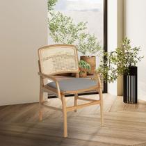 Jogo 4 Cadeiras de Jantar Florença Estrutura em Madeira Jequitibá Natural Braço Encosto Palha Linho Cinza