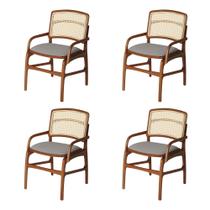 Jogo 4 Cadeiras para Jantar Florença em Madeira Jequitibá Terra Braço Encosto Palha Linho Cinza Jogo 4 Cadeiras para Jantar Florença em Madeira Jequitibá Terra Braço Encosto Palha Linho Cinza