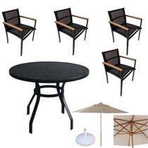 Jogo 4 cadeiras tela sling mesa ripada de alumínio com ombrelone - Sarah Móveis