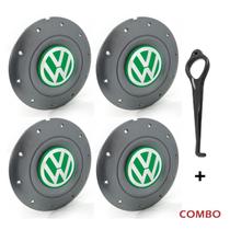 Jogo 4 Calota Centro Roda Ferro VW Amarok Aro 14 15 5 Furos Grafite Emblema Verde + Chave de Remoção