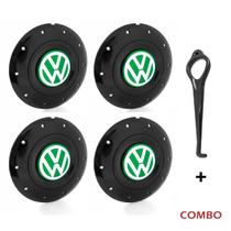 Jogo 4 Calota Centro Roda Ferro VW Amarok Aro 14 15 5 Furos Preta Brilhante Emblema Verde + Chave de