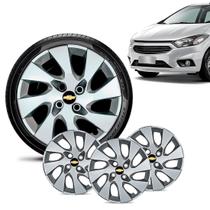 Jogo 4 Calota Chevrolet GM Onix 2013 14 15 16 Aro 14 Prata Emblema Preto