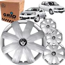 Jogo 4 Calota Clio Logan 1996 ate 2015 Aro 14 Polegadas Encaixe Pressão Grid Emblema Renault