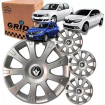 Jogo 4 Calota Logan Sandero 2008 ate 2015 Aro 14 Polegadas Encaixe Grid com Emblema Renault