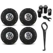 Jogo 4 Calota Roda Ferro VW Amarok Preta F P Voyage G7 + Chave de Remoção + Bico Válvula Preto