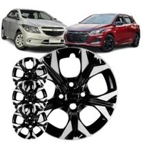 Jogo 4 Calotas Modelo Onix Prisma 2021 Aro 14 Preto/Prata Cubo Baixo Parafuso Grid